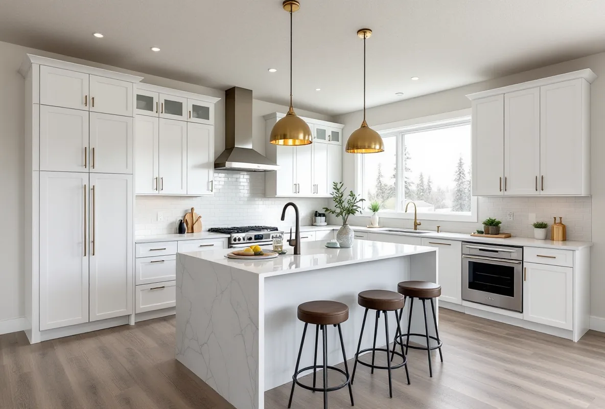 Renovated white kitchen with quartz waterfall island and brass pendant lighting — Calgary kitchen renovation by Titan Pro Developer