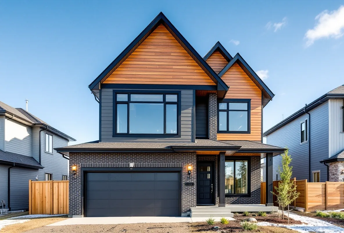 Custom two-storey home with mixed brick-and-cedar exterior — Calgary custom home builder
