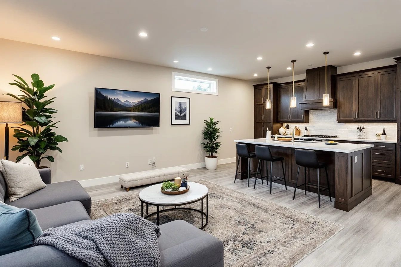 Premium finished basement lounge with custom wet bar in a Harmony estate home, Calgary region