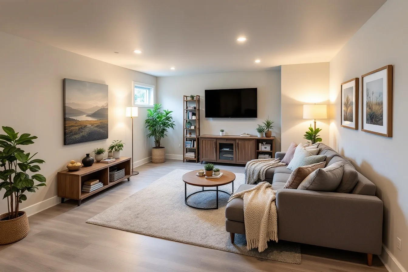 Finished basement family room with grey luxury vinyl plank flooring and pot lighting, Harmony, Calgary region