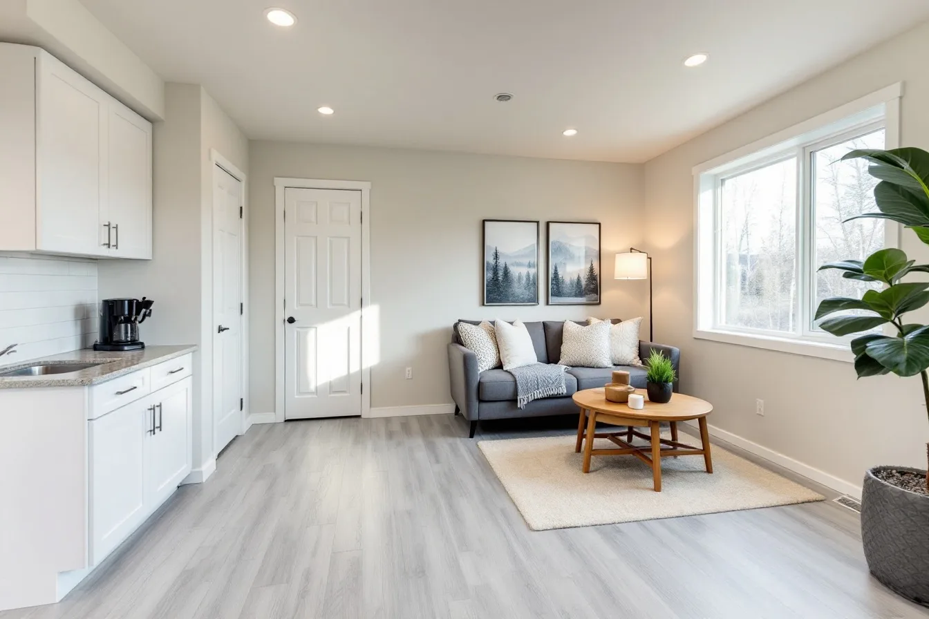 Bright finished garage suite living area with kitchenette in Harmony, Calgary region